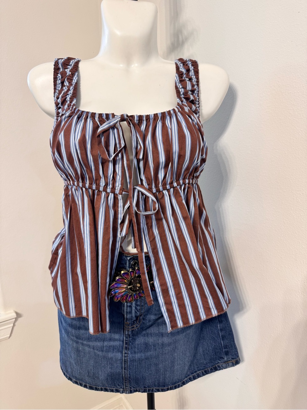 Striped Brown Tie-Front Women's Tank Top